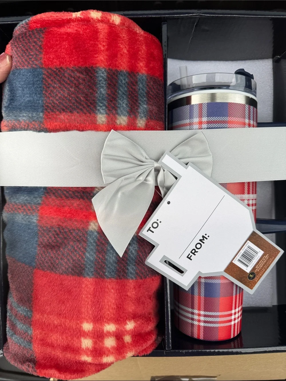 Holiday Plaid Throw Blanket and Insulated Tumbler Set - Red and Navy